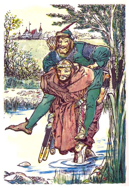 Friar Tuck bewahrt Robin Hood vor nassen Füßen (Titelbild aus "The Merry Adventures of Robin Hood")